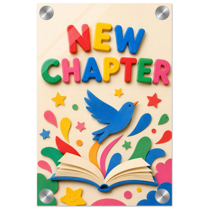 NEW CHAPTER wall art print shown on acrylic