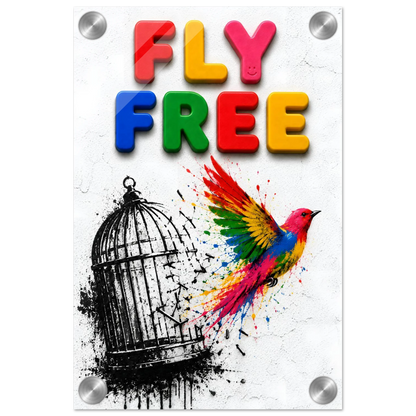 FLY FREE wall art print shown on acrylic