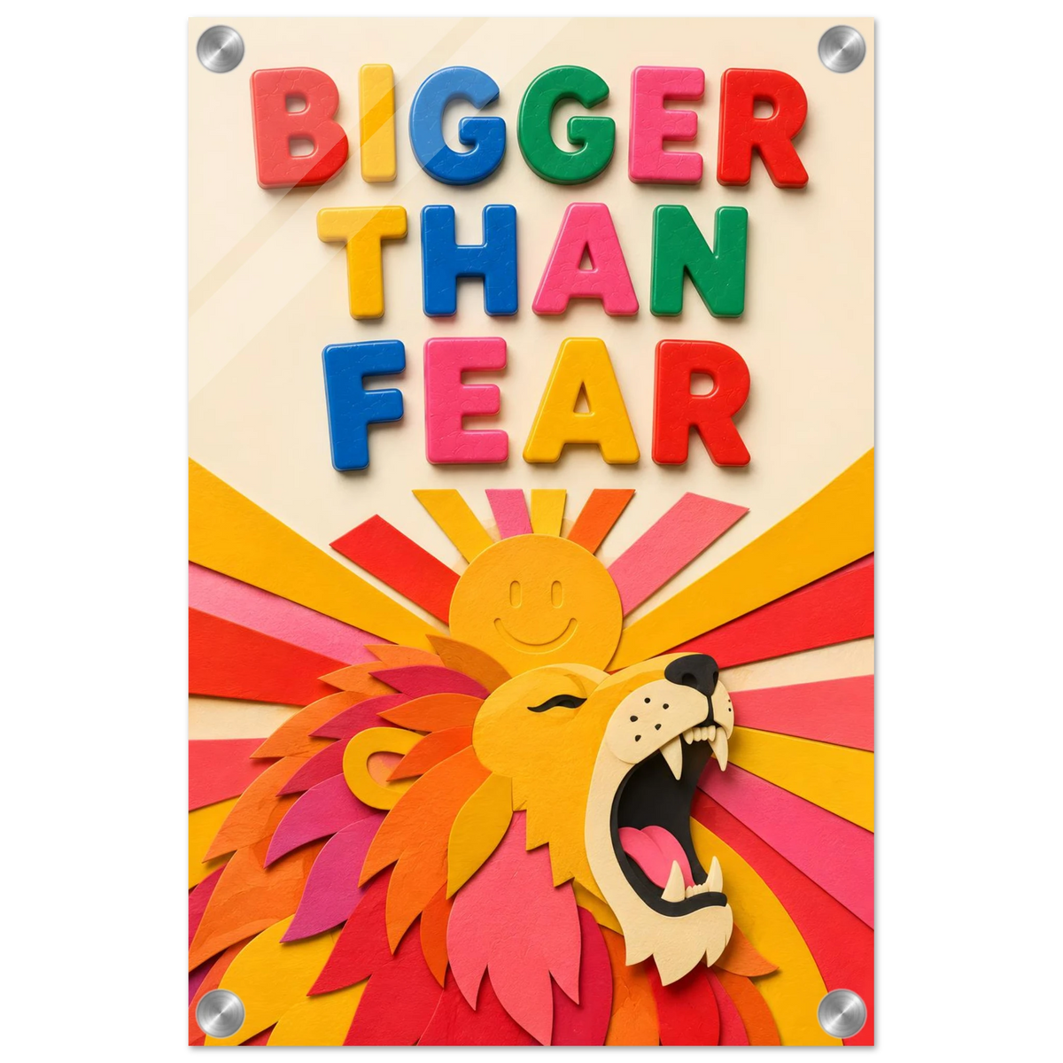 BIGGER THAN FEAR wall art print shown on acrylic