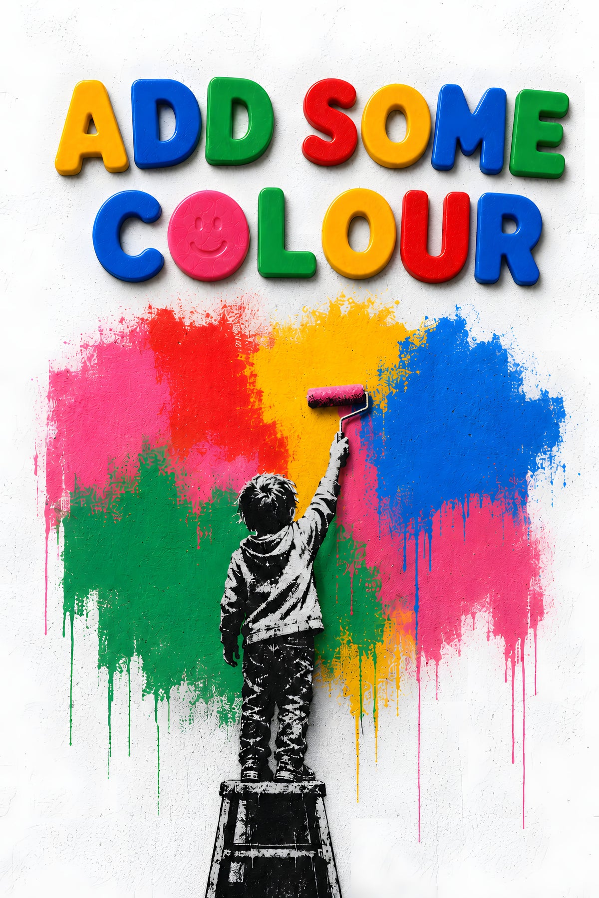 ADD SOME COLOUR wall art print — figure on a ladder painting a colour splash on a white wall