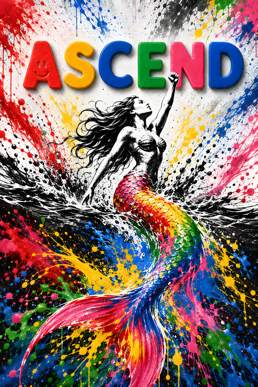 ASCEND wall art — mermaid with colourful paint splash, classic painting style