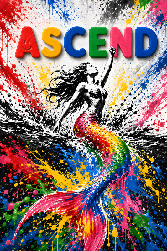 ASCEND wall art — mermaid with colourful paint splash, classic painting style