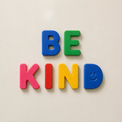 BE KIND wall art print — colourful magnet letters on cream background