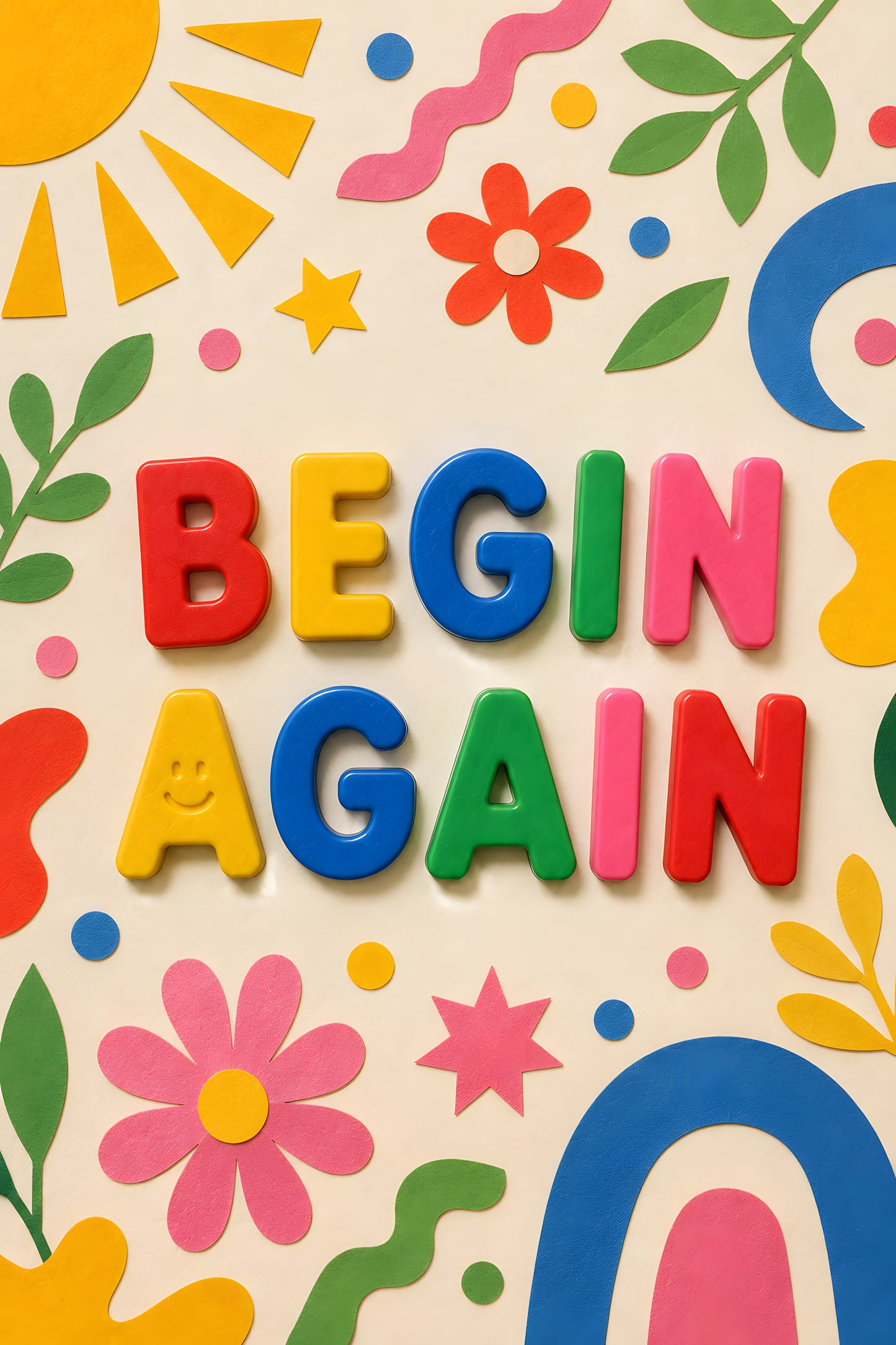 BEGIN AGAIN wall art print — magnet letters with flowers, sun and rainbow shapes on cream