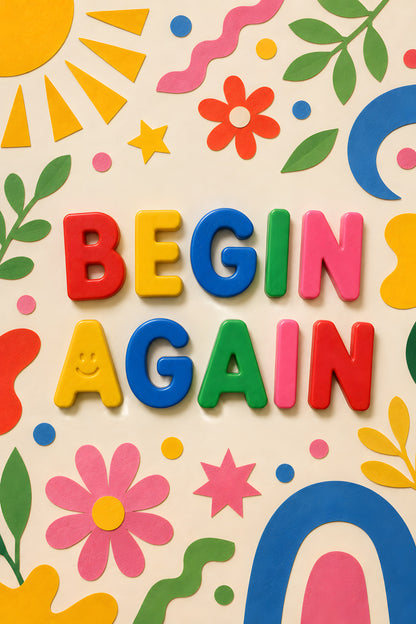 BEGIN AGAIN wall art print — magnet letters with flowers, sun and rainbow shapes on cream