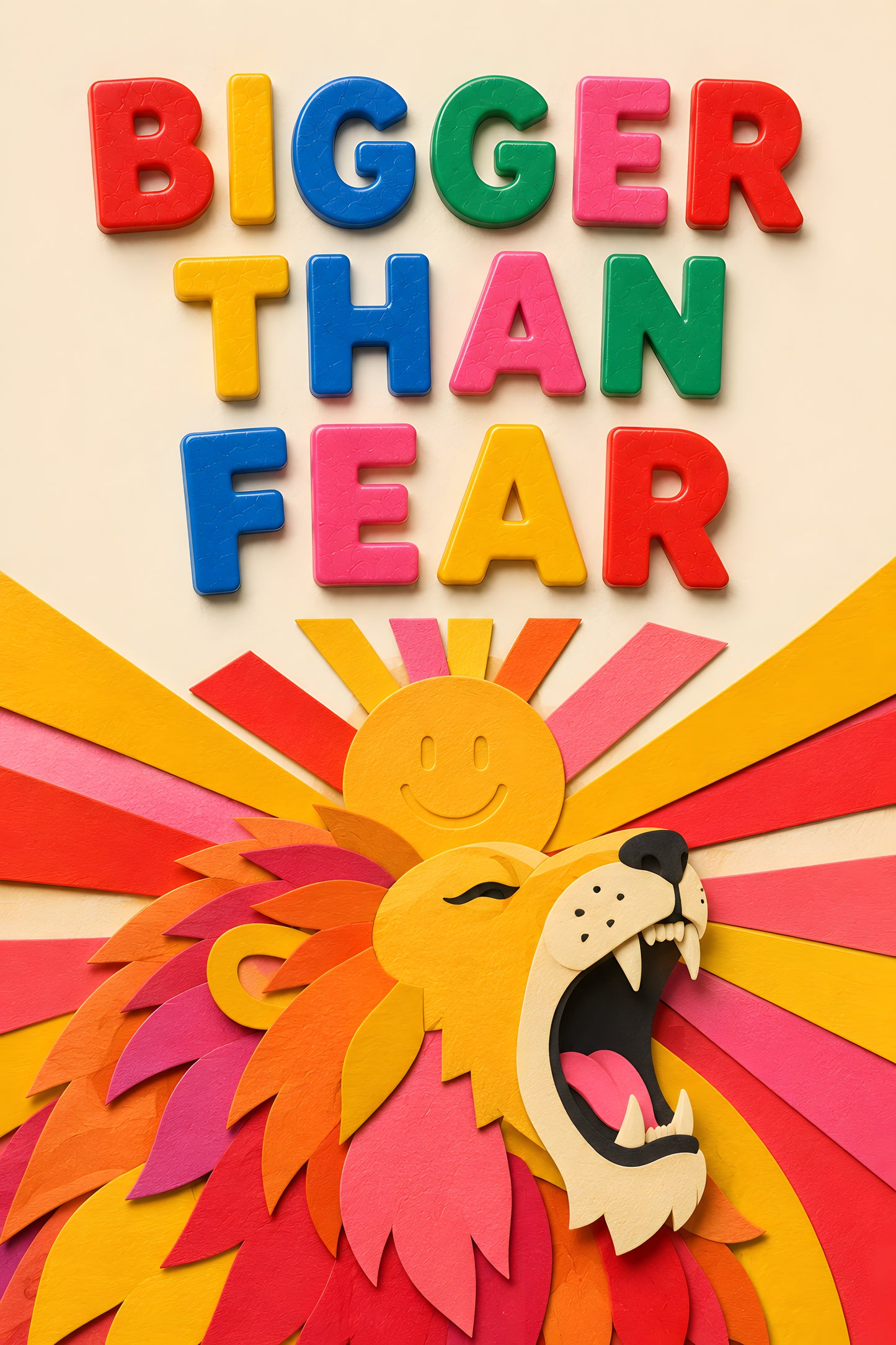 BIGGER THAN FEAR wall art print — roaring paper lion with smiling sun and colour rays