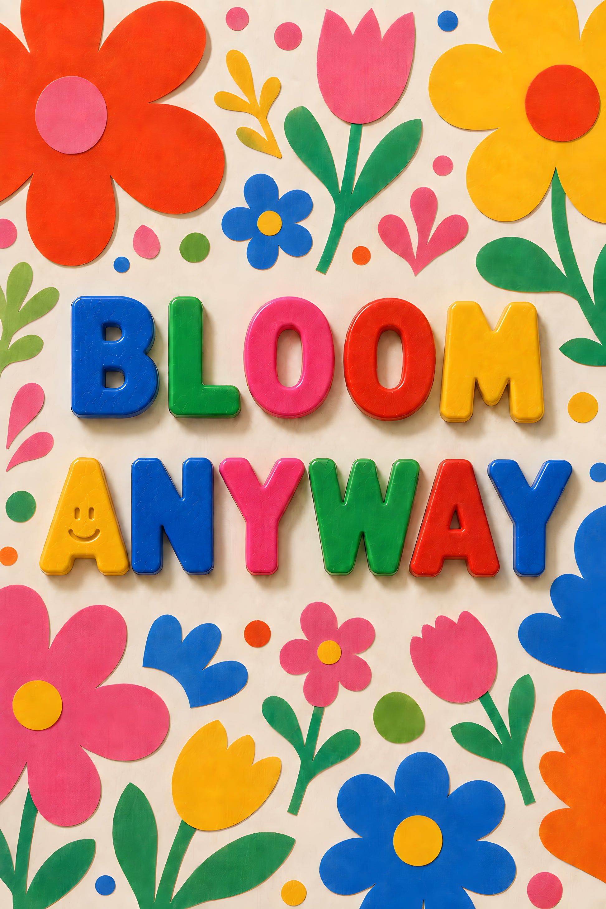 BLOOM ANYWAY wall art print — magnet letters surrounded by colourful paper flowers