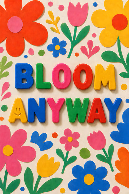 BLOOM ANYWAY wall art print — magnet letters surrounded by colourful paper flowers