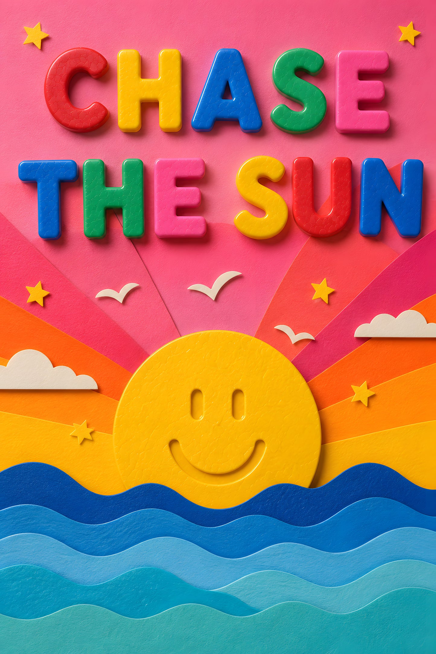 CHASE THE SUN wall art print — smiling sun setting into blue waves on pink sky