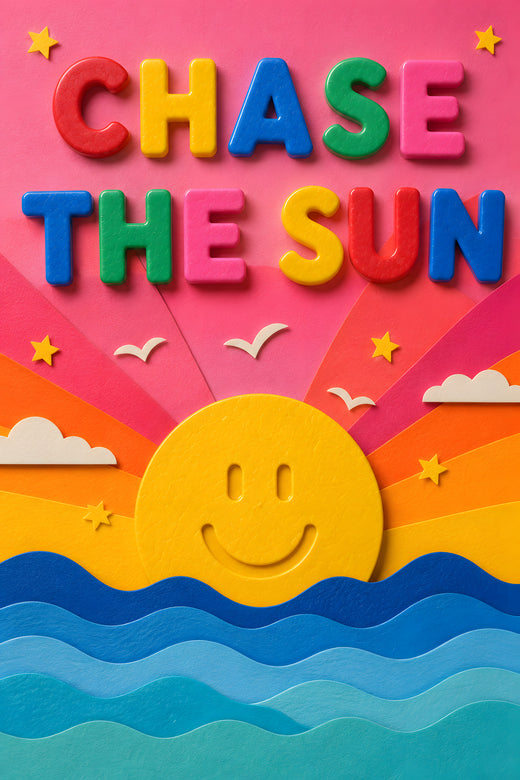 CHASE THE SUN wall art print — smiling sun setting into blue waves on pink sky