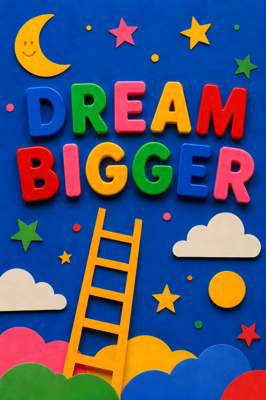 DREAM BIGGER wall art print — magnet letters with ladder, moon, stars and clouds on blue