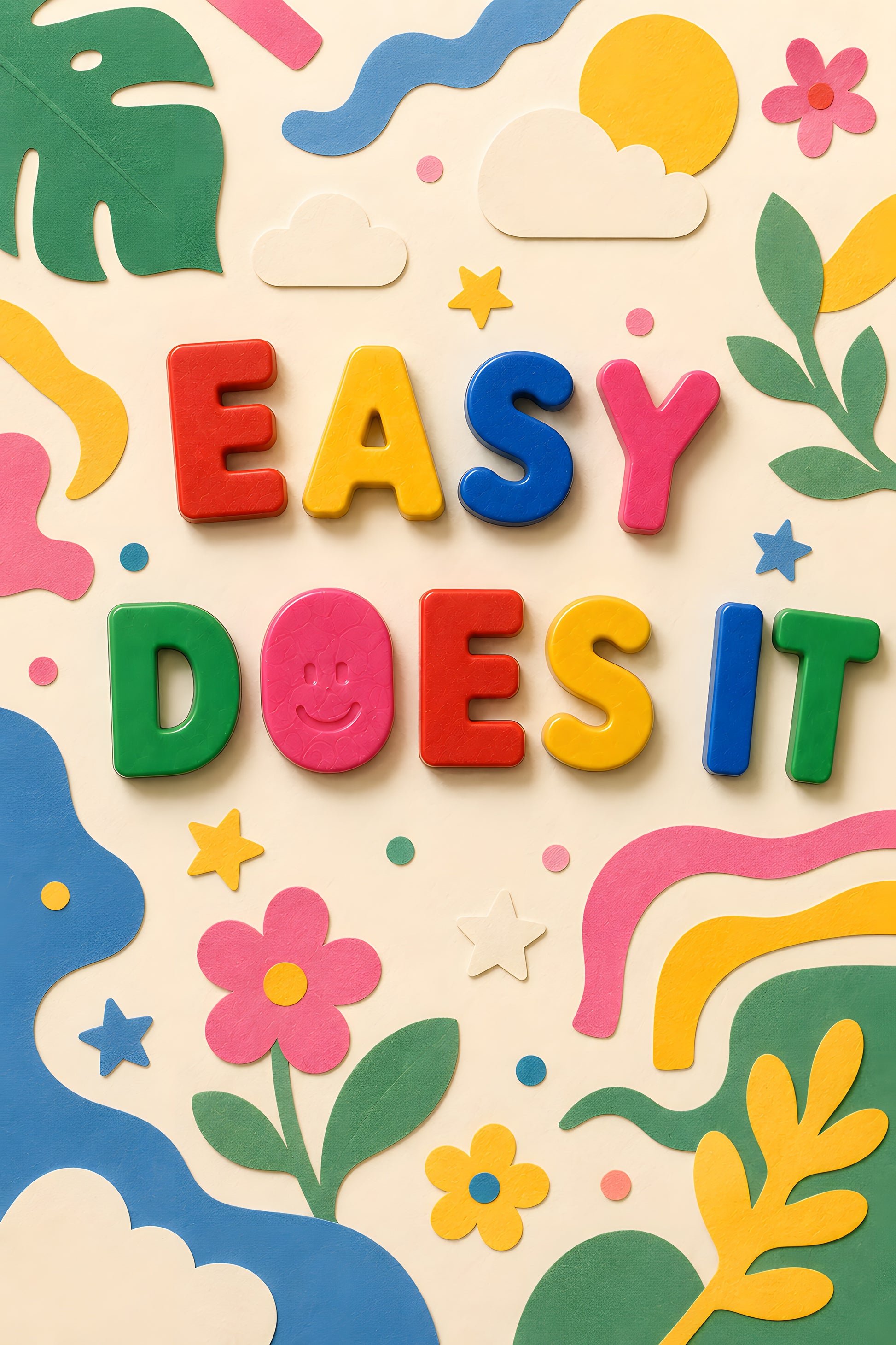 EASY DOES IT wall art print — magnet letters with flowers, clouds and stars on cream