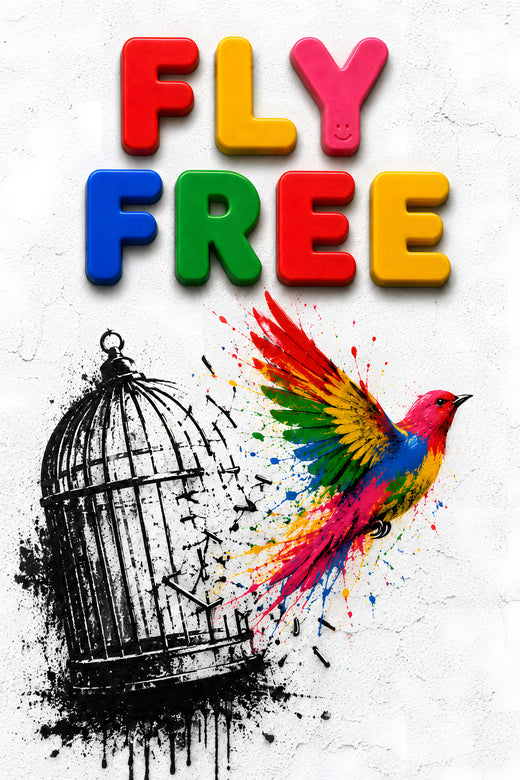 FLY FREE wall art print — rainbow bird leaving an open cage, street art style