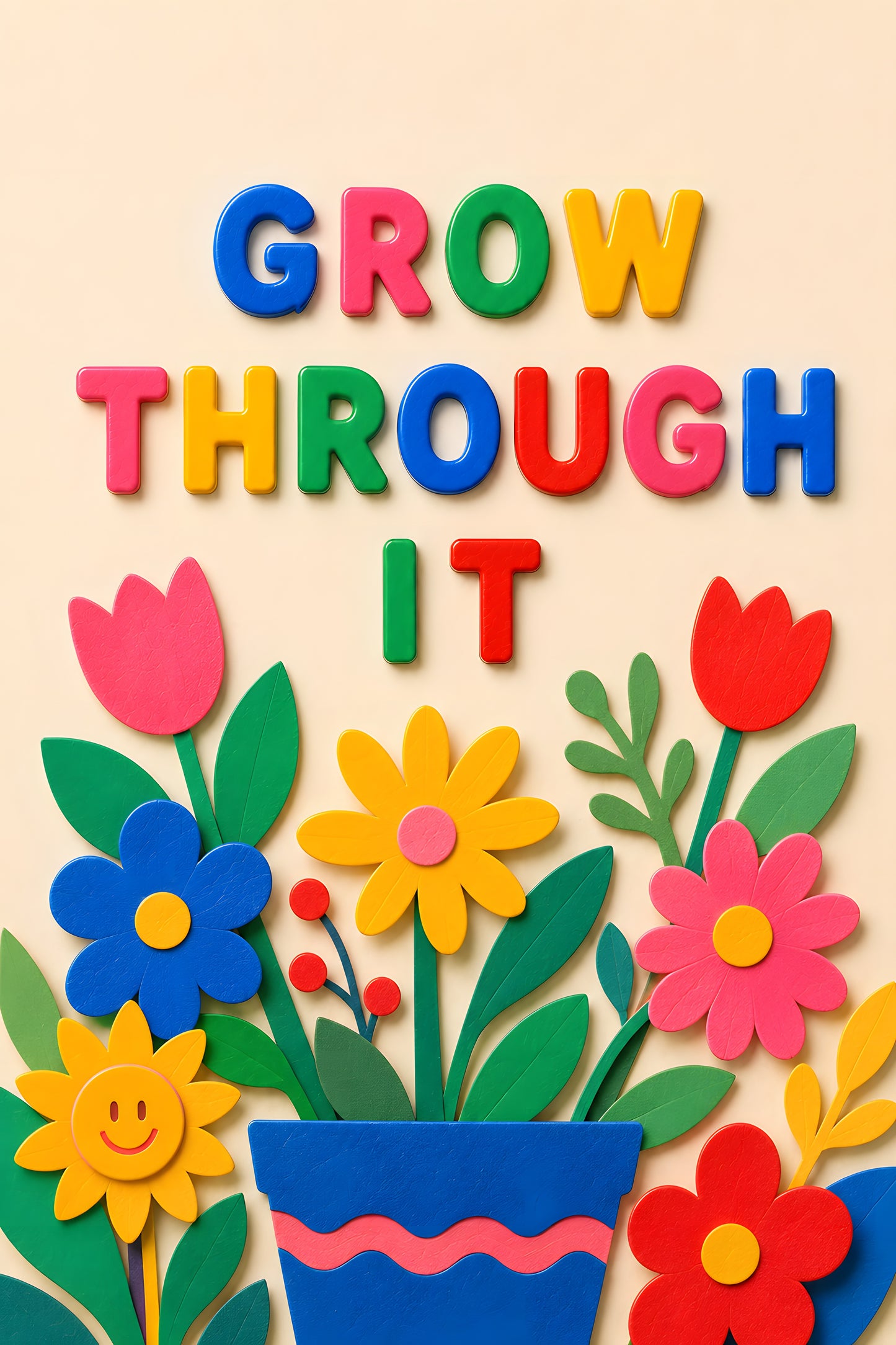 GROW THROUGH IT wall art print — colourful magnet letters with botanical shapes