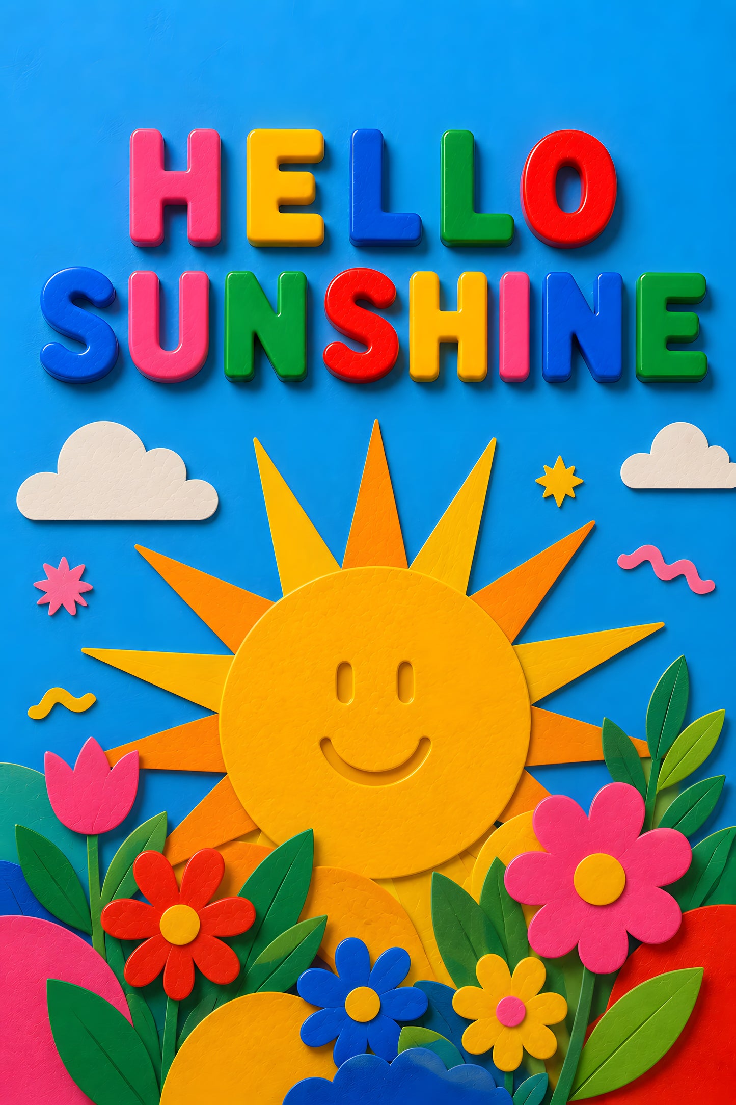 HELLO SUNSHINE wall art print — smiling sun over colourful flowers on blue background