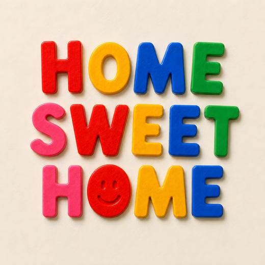 HOME SWEET HOME wall art print — colourful magnet letters with smiley O on cream background
