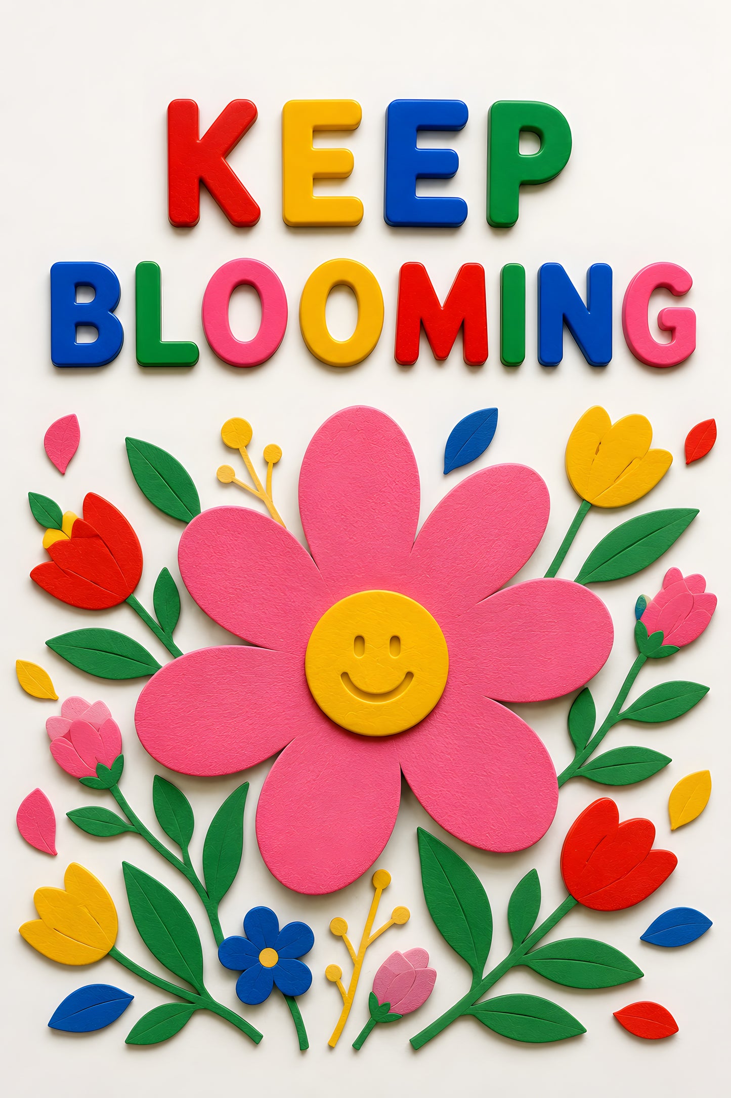 KEEP BLOOMING wall art print — large pink flower with smiley centre and tulips