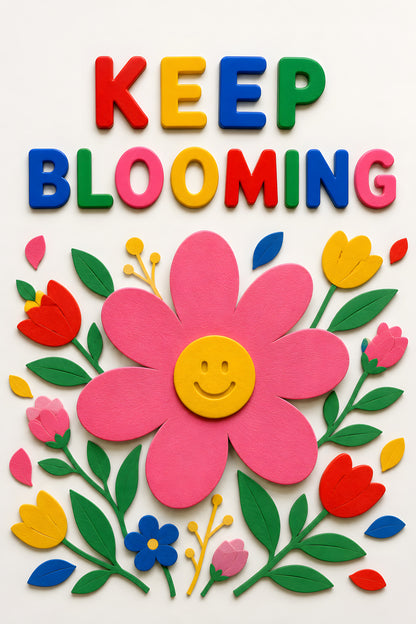 KEEP BLOOMING wall art print — large pink flower with smiley centre and tulips