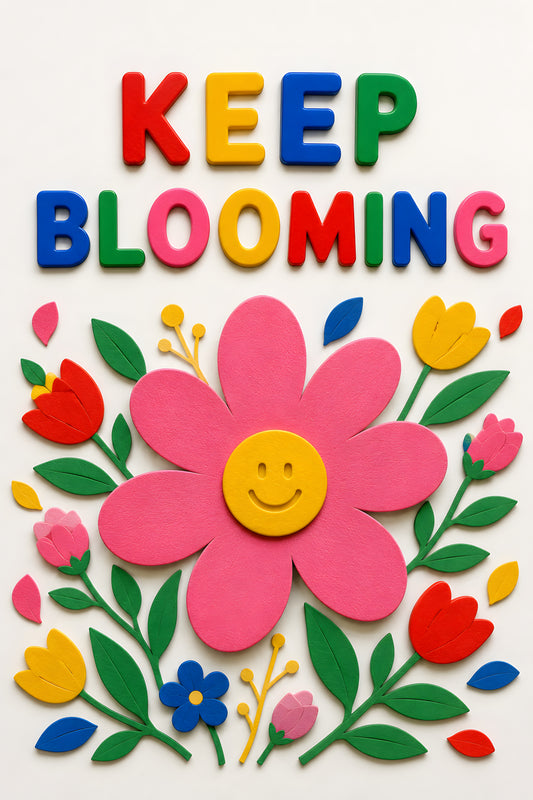 KEEP BLOOMING wall art print — large pink flower with smiley centre and tulips