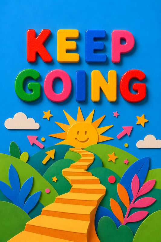 KEEP GOING wall art print — golden staircase to smiling sun over green hills