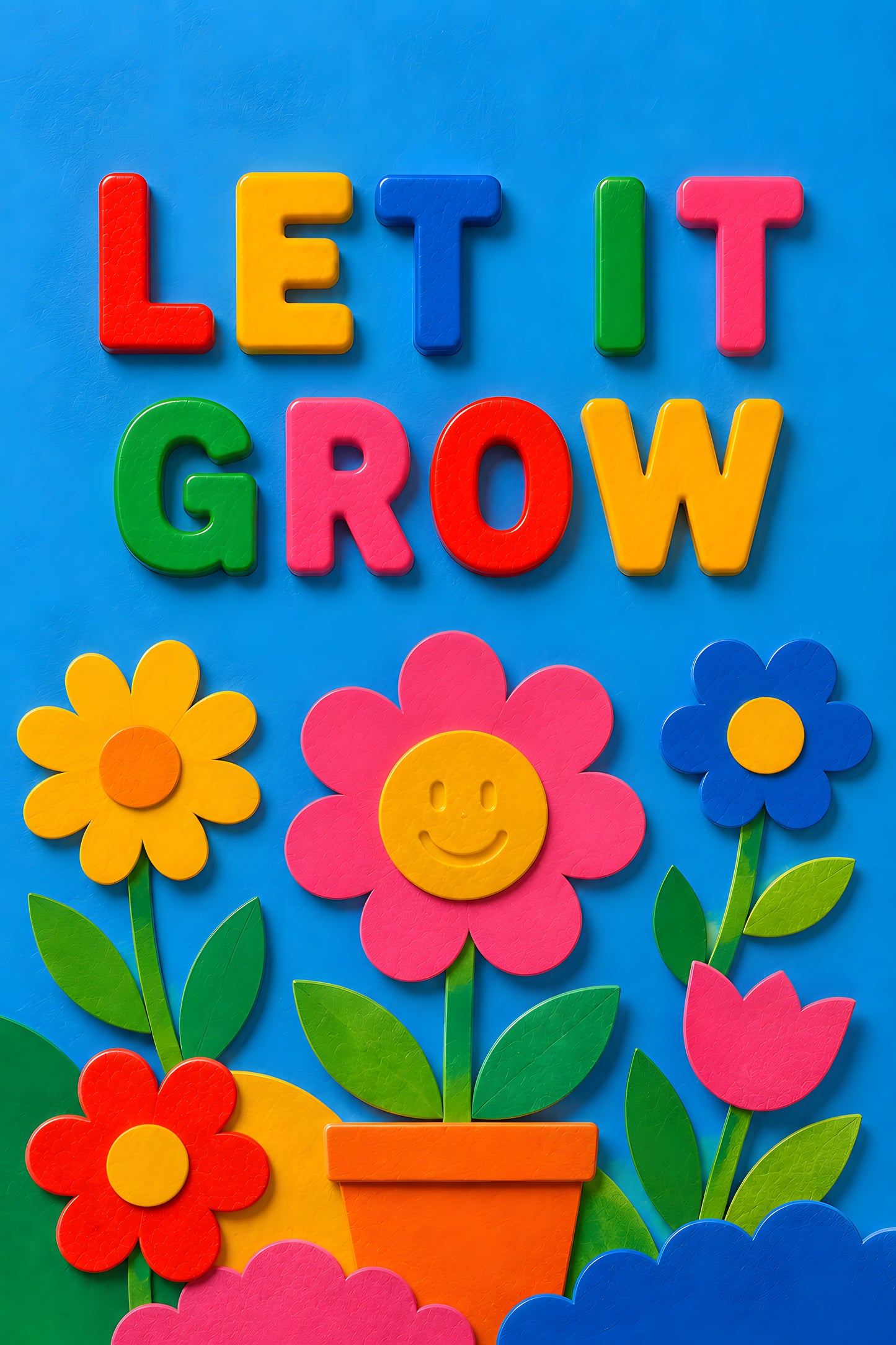 LET IT GROW wall art print — smiling flower in pot with tulips on blue background