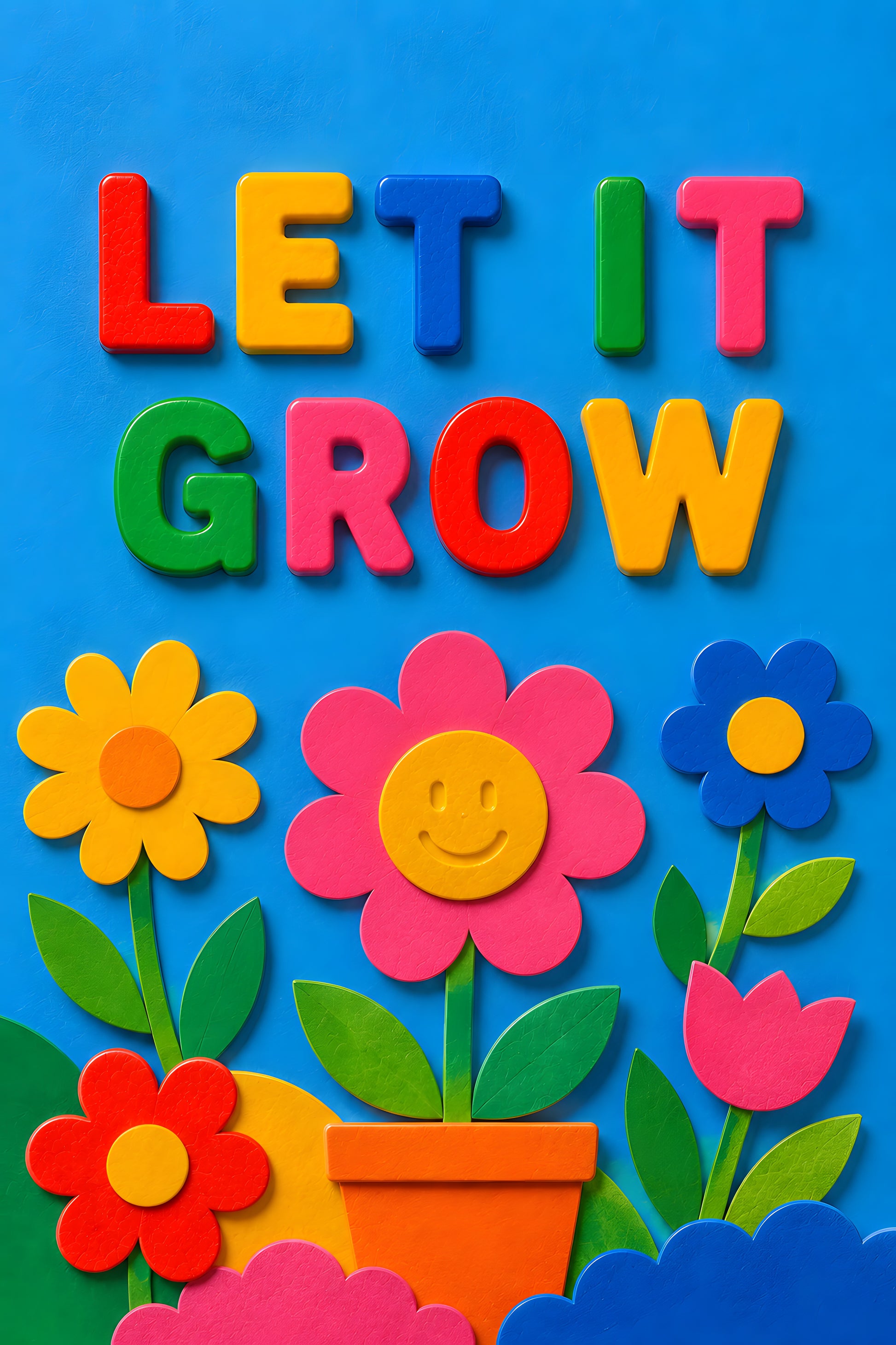 LET IT GROW wall art print — smiling flower in pot with tulips on blue background