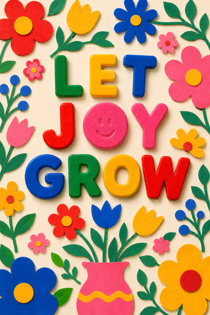 LET JOY GROW wall art print — colourful magnet letters with growing flowers