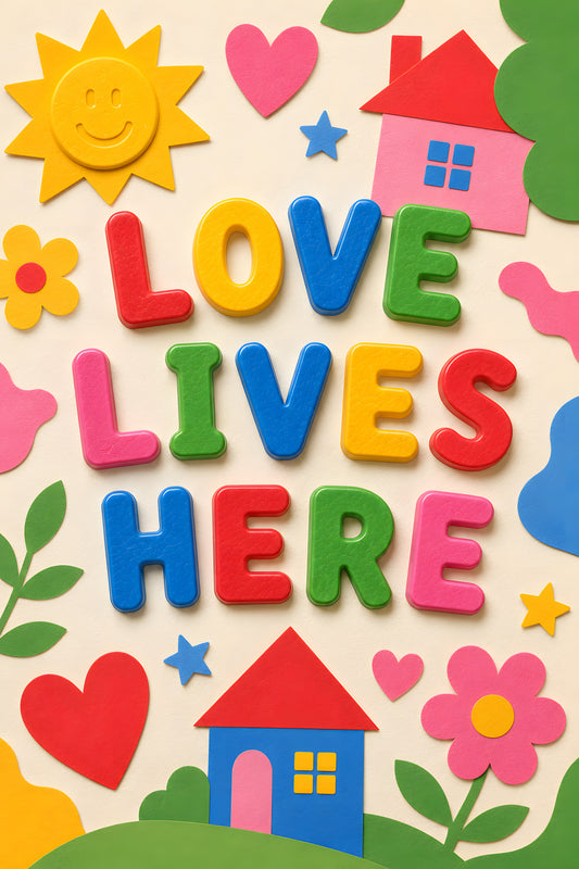 LOVE LIVES HERE wall art print — magnet letters with paper houses, hearts and smiling sun