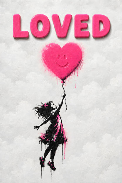 LOVED wall art print — girl with pink smiley heart balloon, street art style