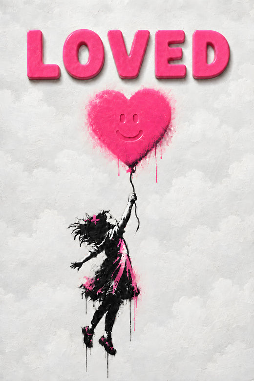 LOVED wall art print — girl with pink smiley heart balloon, street art style