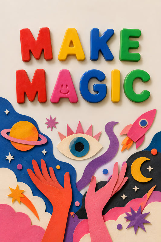MAKE MAGIC wall art print — colourful magnet letters with sparkles