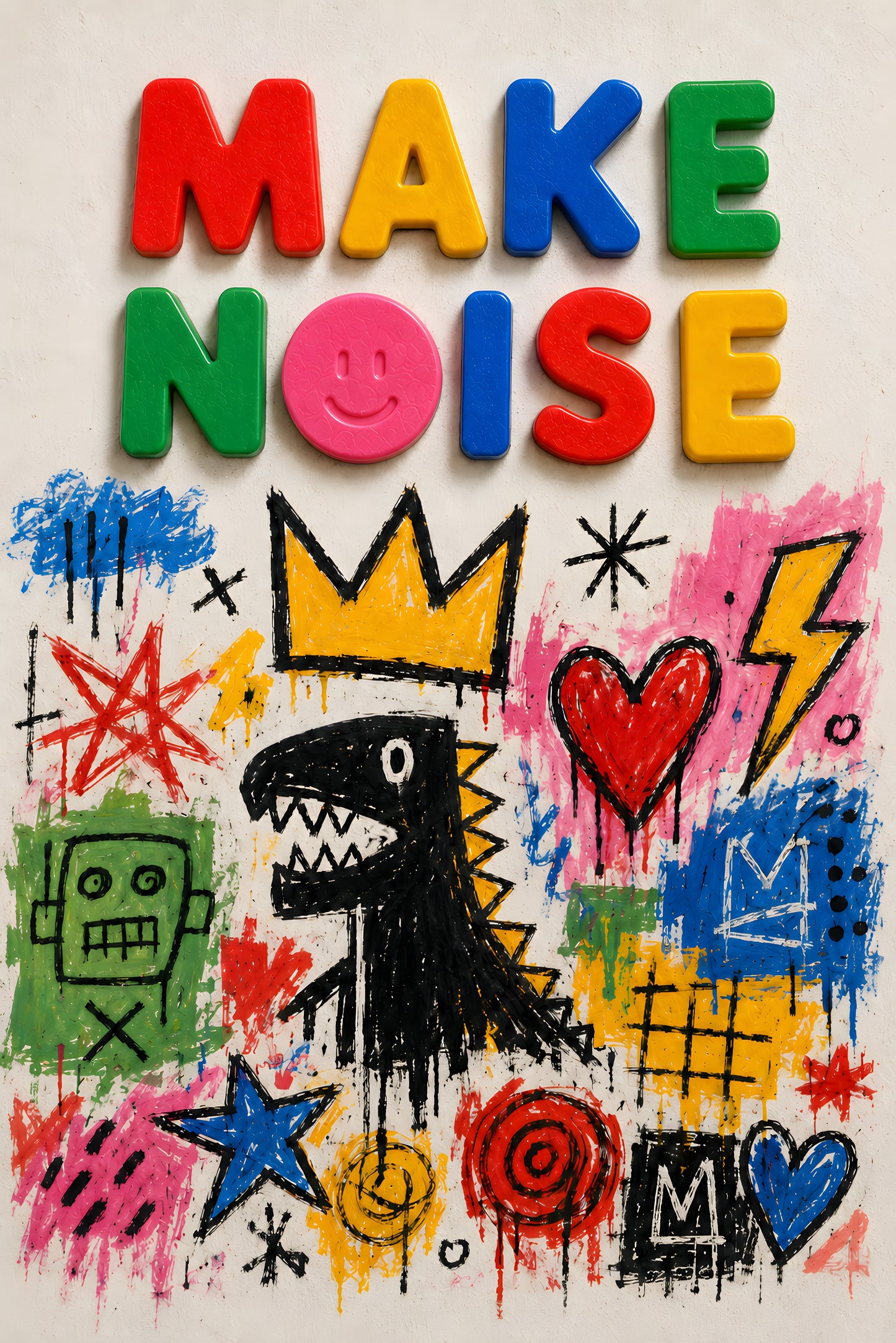 MAKE NOISE wall art print — dinosaur with colour splash, street art style