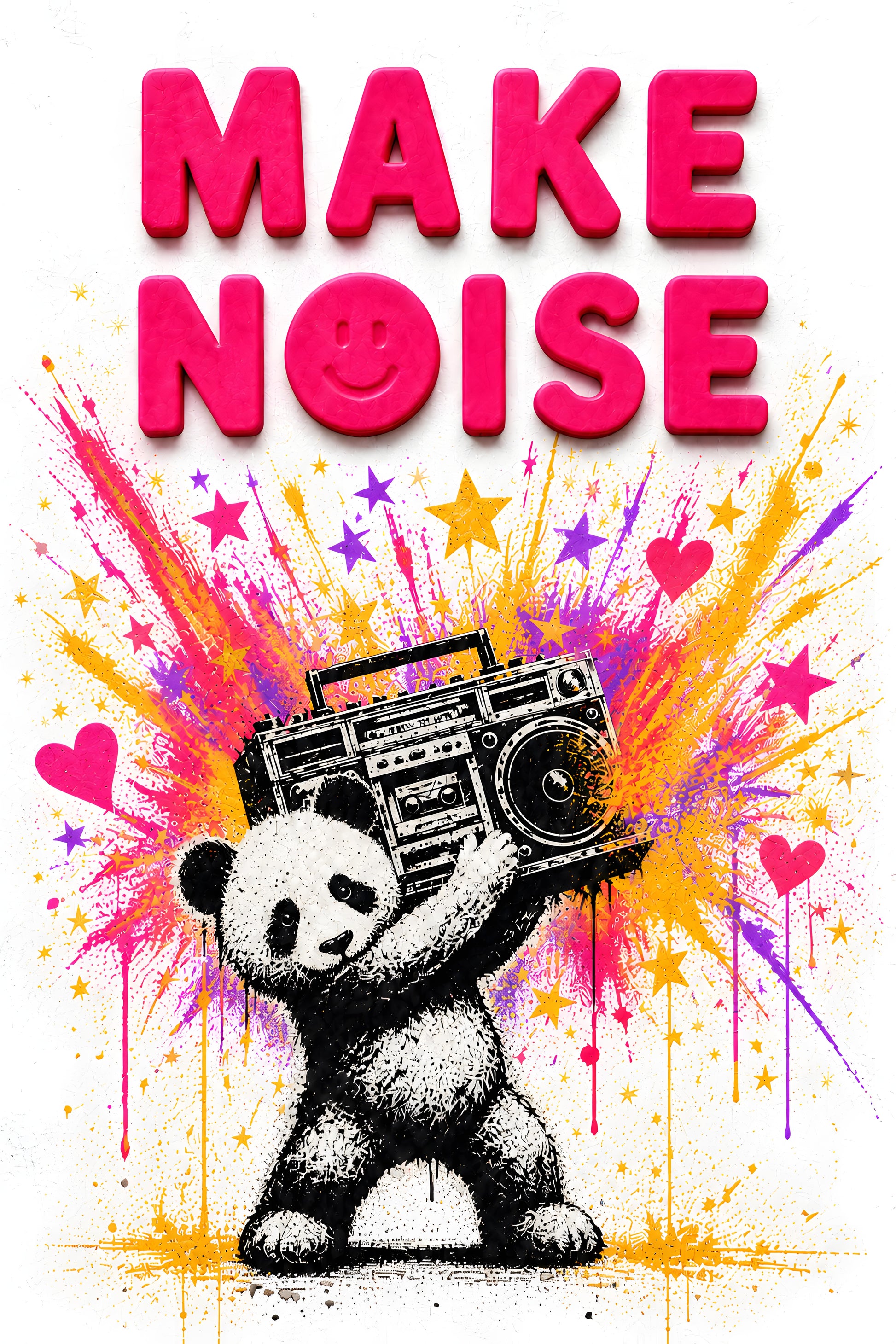 MAKE NOISE wall art print — panda with boombox and colour splash, street art style