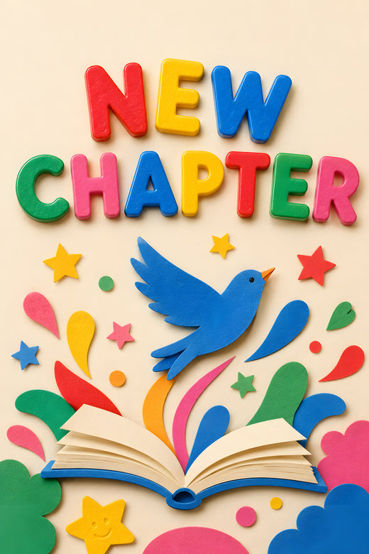 NEW CHAPTER wall art print — colourful magnet letters, fresh start theme