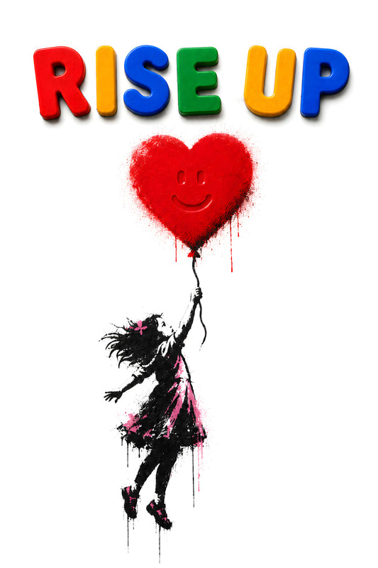 RISE UP limited edition wall art — girl with heart balloon on pure white background