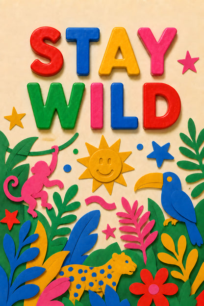 STAY WILD wall art print — colourful magnet letters with wild shapes