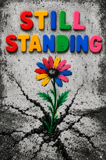 STILL STANDING wall art print — colourful magnet letters, resilience theme