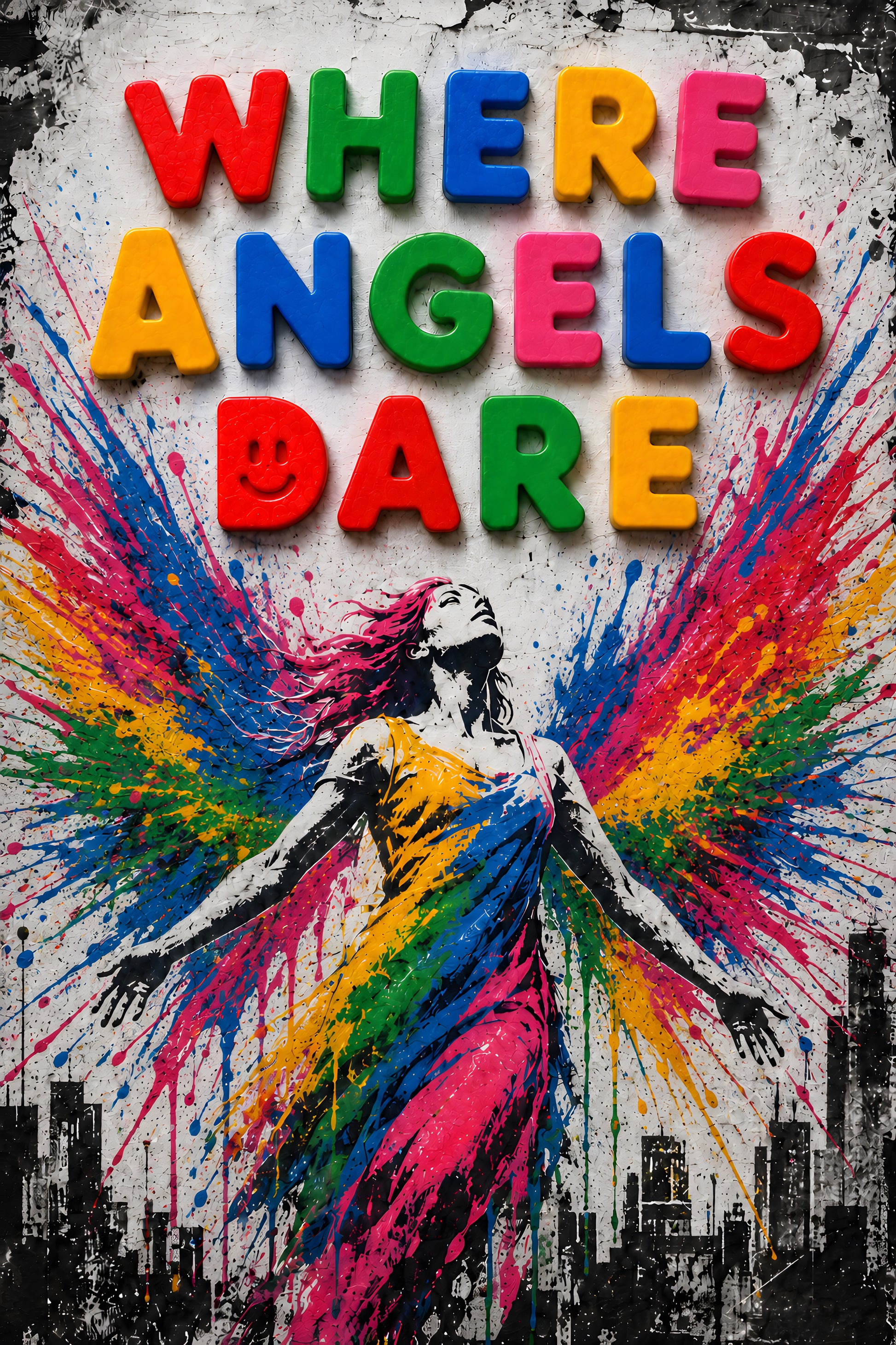 WHERE ANGELS DARE wall art — angel with colourful paint splash, classic painting style