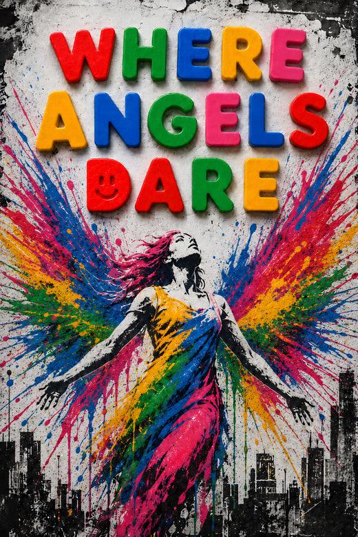 WHERE ANGELS DARE wall art — angel with colourful paint splash, classic painting style