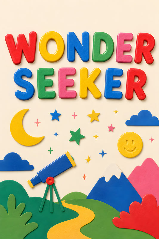 WONDER SEEKER wall art print — colourful magnet letters, curiosity theme